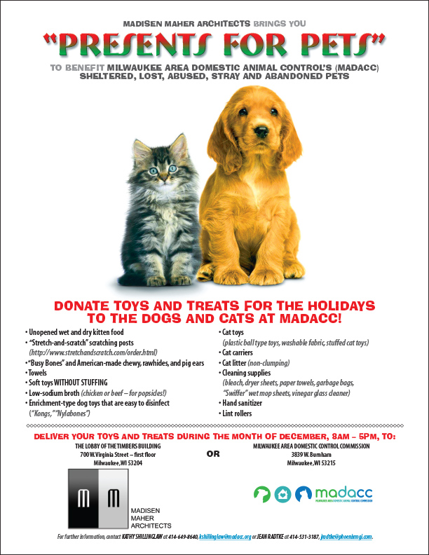 Time to donate to the 4th annual “Presents for Pets” to benefit MADACC