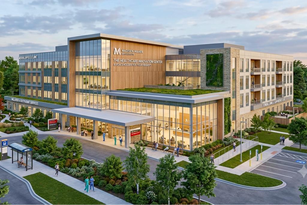 A 3D architectural rendering of a modern, multi-story healthcare building featuring a glass facade, wood and stone accents, a green rooftop garden, and clearly defined pedestrian entrances